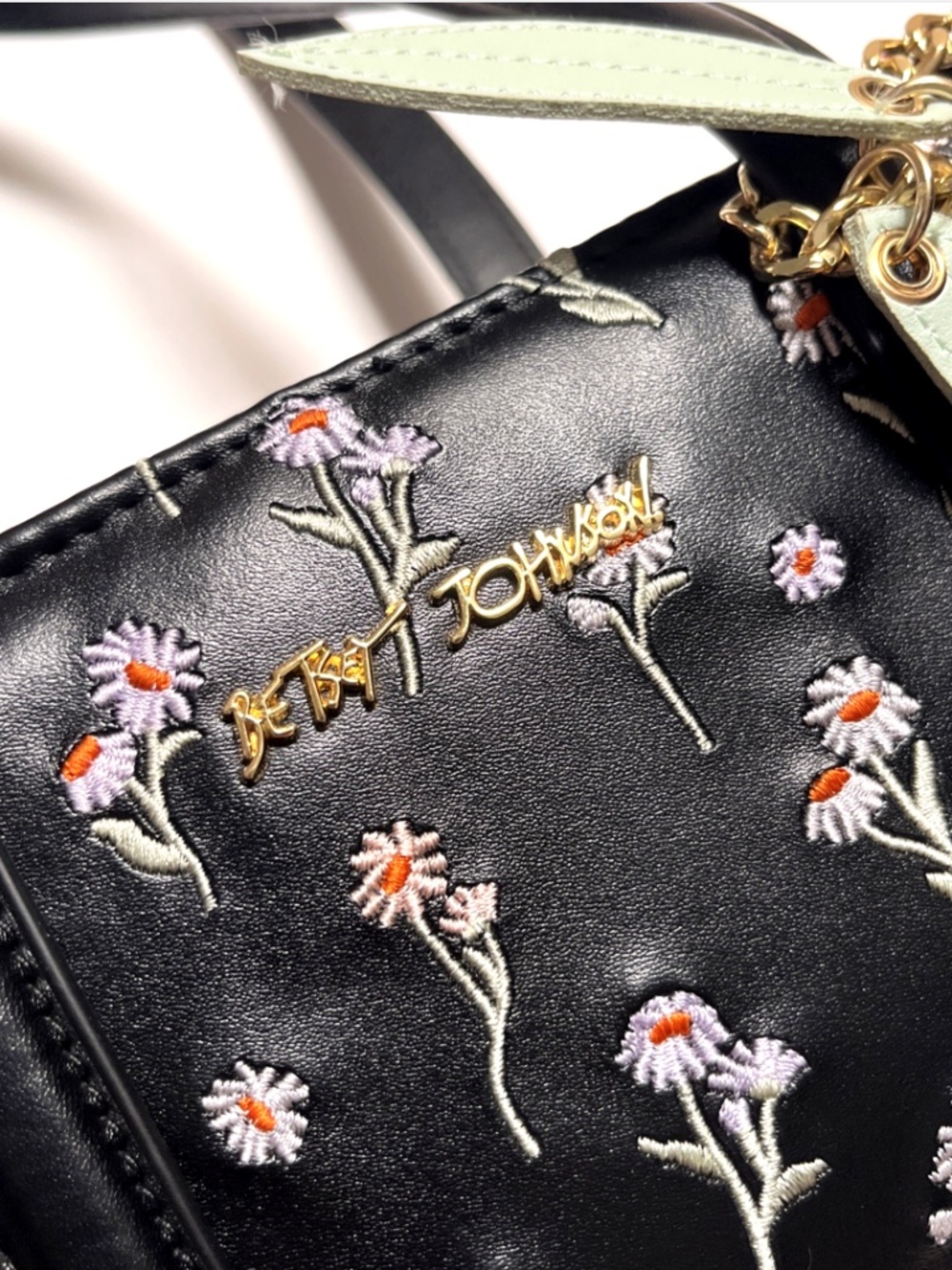 Betsey Johnson Floral Embroidered Satchel Bag Charm Black Shoulder NWT - Picture 3 of 10
